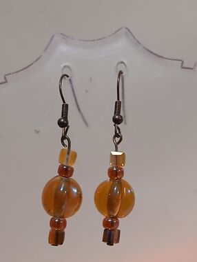Hand Crafted Amber Colored Glass Bead Drop Earrings